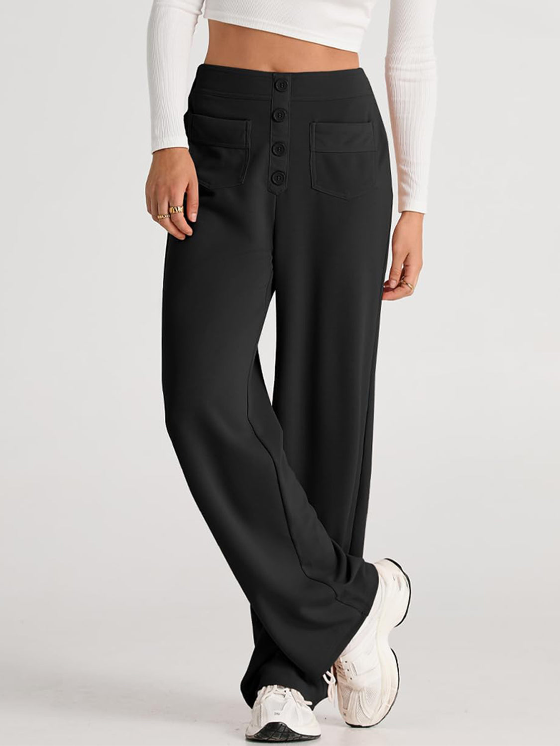 High Waist Wide Leg Pants | Black Polyester Relaxed Fit