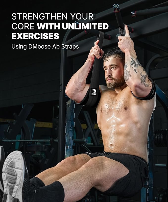 DMoose Fitness Hanging Ab Straps for Pull Up Bar & Core Strength Training - Soft Padded Exercise Straps for Ab Swing & Leg Raises, Hang Bar Strap with 2 Steel Carabiners - Abs Equipment for Home & Gym