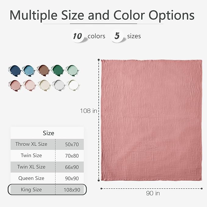 Carriediosa 100% Cotton Muslin Throw Blanket 108" X 90" King Size，4-Layers Summer Gauze Throws for Bed Couch，Soft Lightweight Breathable Linen Blankets Bedspread for Adults All Season，Mauve