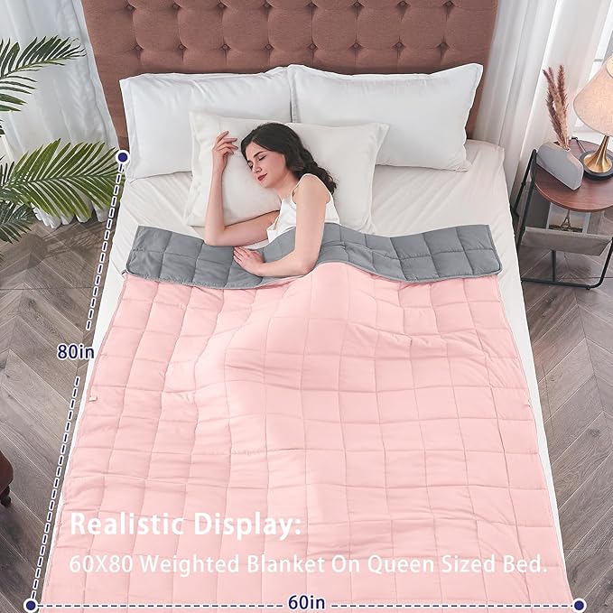 yescool Weighted Blanket for Adults (12 lbs, 60" x 80", Pink Grey) Cooling Heavy Blanket for Sleeping Perfect for 110-130 lbs, Queen Size Breathable Blanket with Premium Glass Bead, Machine Washable
