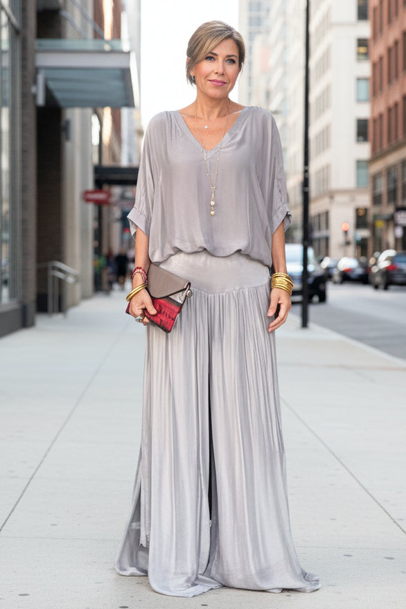 Solid Color Chiffon Two-Piece Set with V-Neck Top and Trousers - Image 2