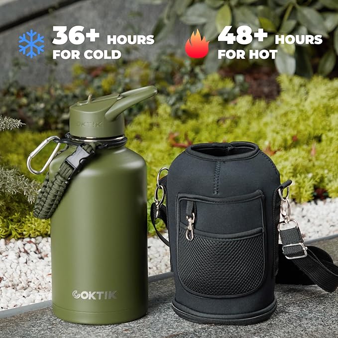 COKTIK 84oz Water Bottle with Straw - Triple Insulated Flask, 48hr Cold Retention Large Water Bottle, Leakproof Water Jug for Gym, Hiking, Camping, Outdoor Sports (2 pack, Army Green)