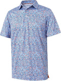 Men's light blue performance golf polo with navy and peach geometric line art, short sleeves, and collar.