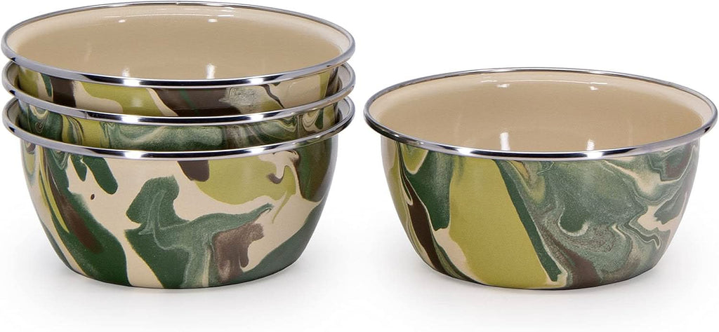 Set of 4 Camouflage Enamelware 3-Cup Salad Bowls - Rustic Kitchen