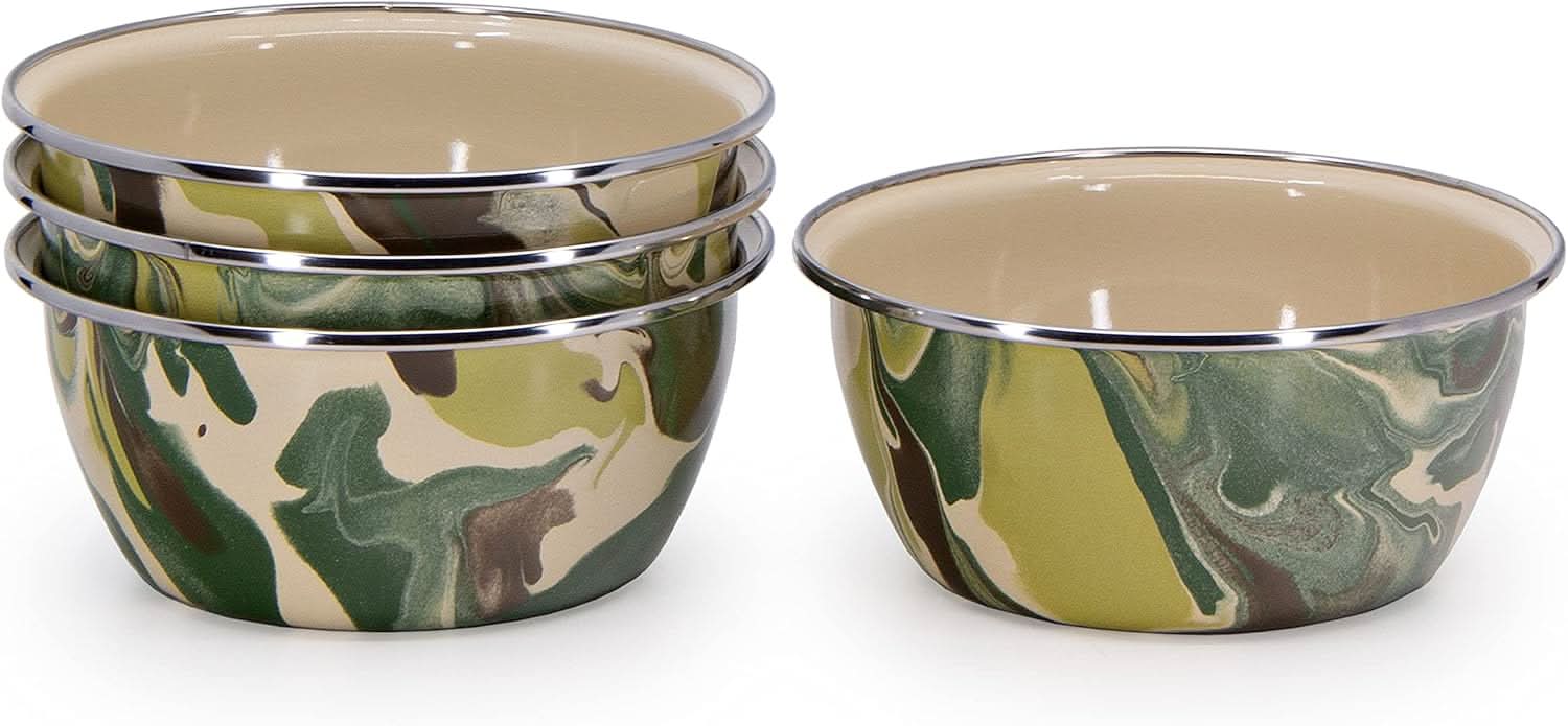 Set of 4 Camouflage Enamelware 3-Cup Salad Bowls - Rustic Kitchen