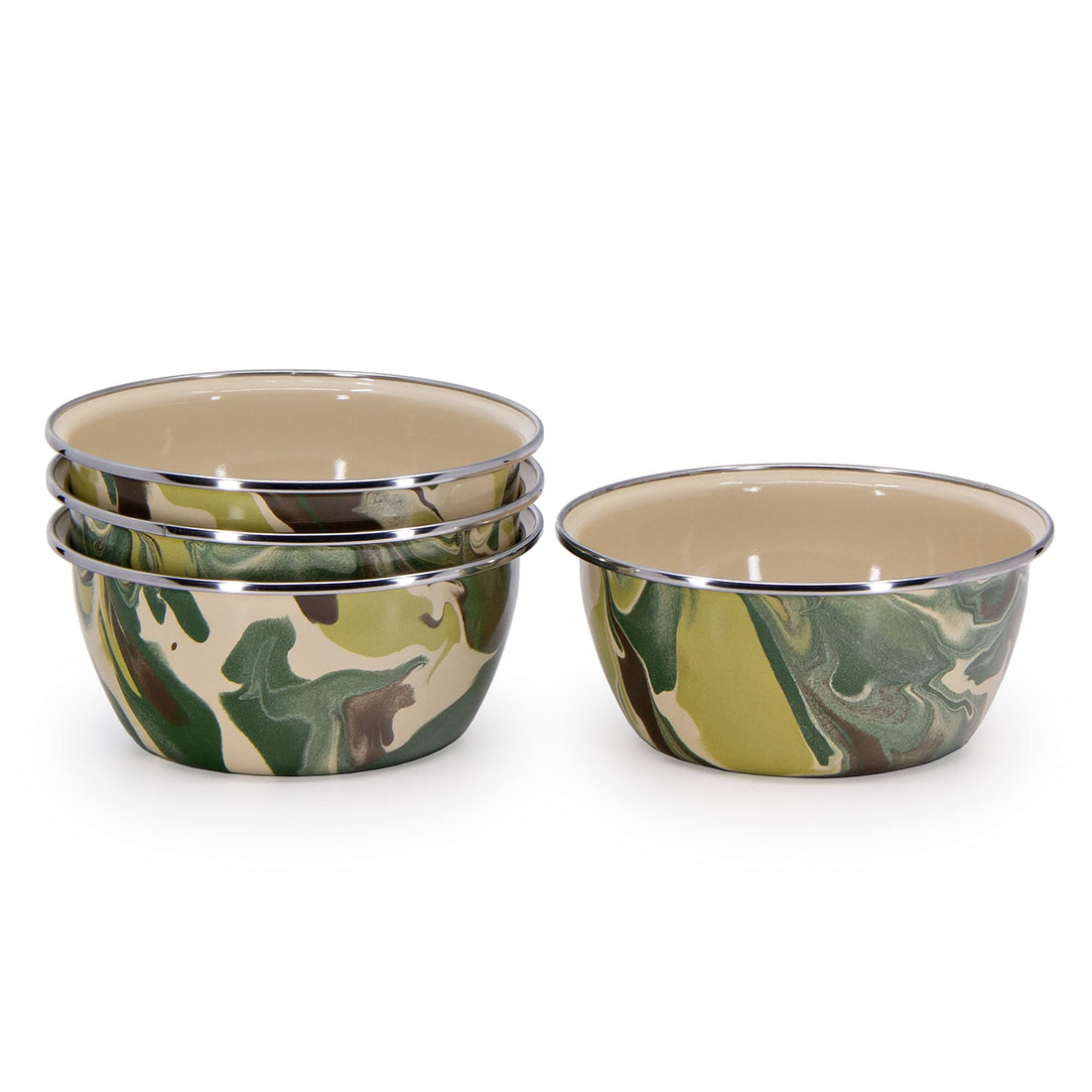Set of four Aspen Grove Collection enamelware salad bowls with stainless steel rims.