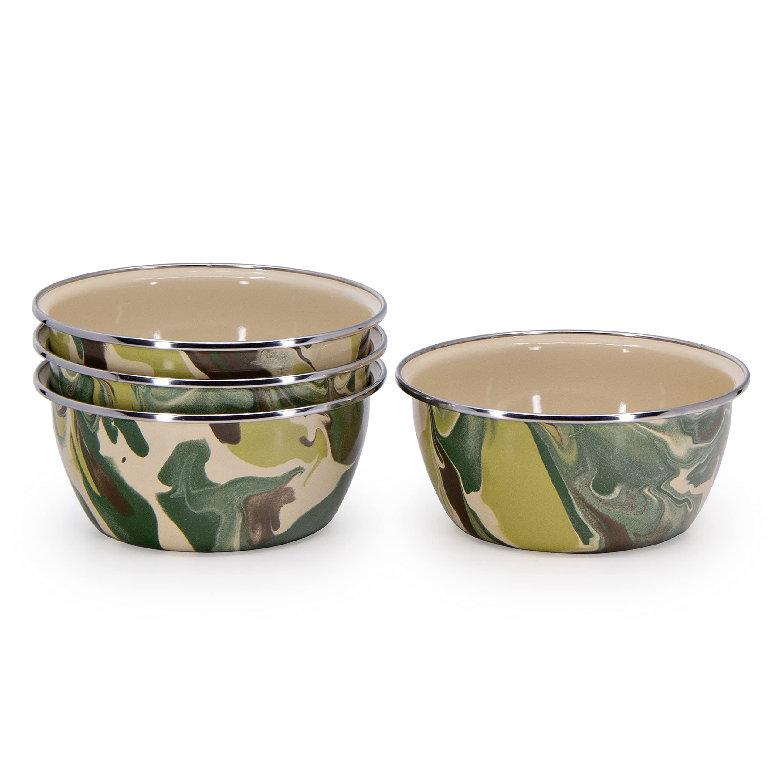 Set of four Aspen Grove Collection enamelware salad bowls with stainless steel rims.