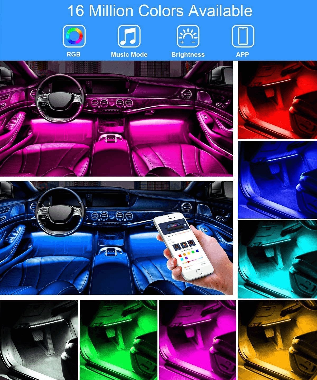 RGB LED Car Strip Lights with App Control & Music Sync Waterproof