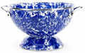 3-quart blue and white marble splatter enamelware colander on a farmhouse kitchen counter