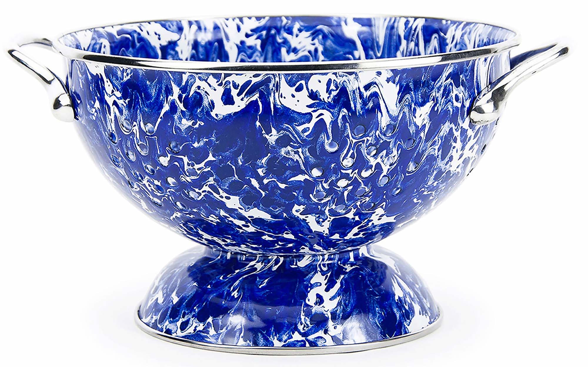 3-quart blue and white marble splatter enamelware colander on a farmhouse kitchen counter