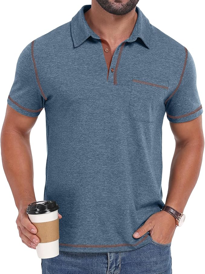 Men's Short Sleeve Polo Shirt with Pocket Casual Golf Collar