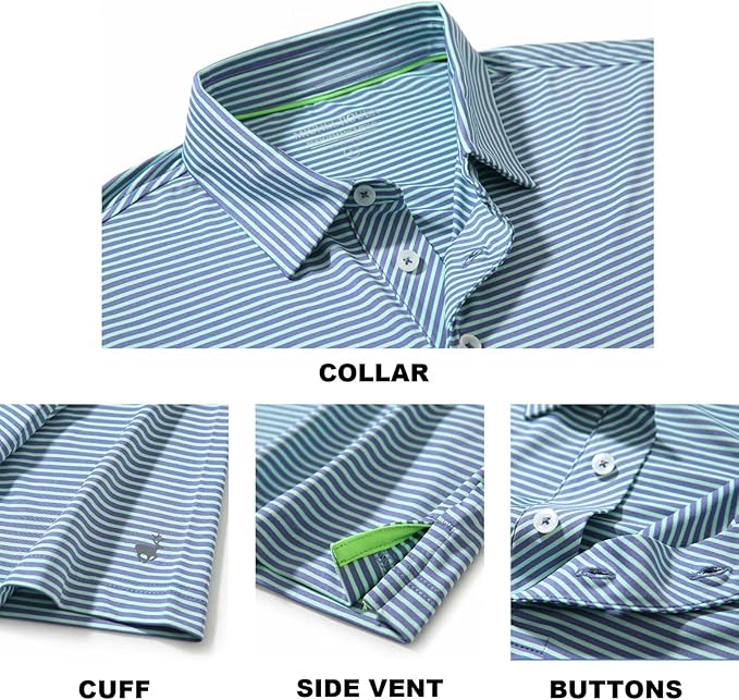 Mens Striped Performance Golf Polo Shirt - Moisture Wicking Dry Fit