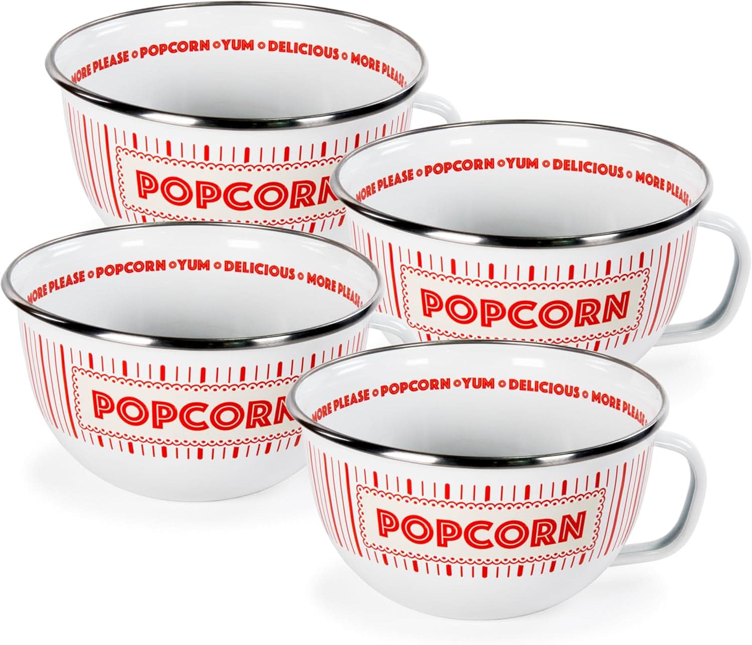 Set of four Golden Rabbit Showtime 24oz enamelware popcorn bowls with stainless steel rims.