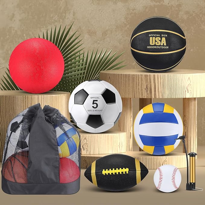 Leyndo 18 Pcs Sport Balls Bulk Set Basketball Football Volleyball Soccer Playground Baseball with Sport Equipment Bag Pump for Youth Adults Outdoor Indoor Practice Gift Back to School