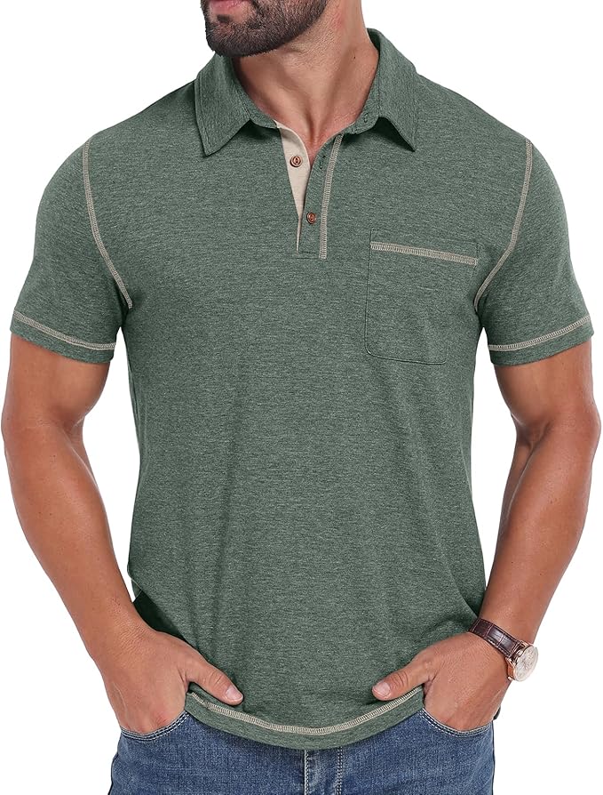 Men's Casual Short Sleeve Polo Shirt with Pocket and Contrast Trim