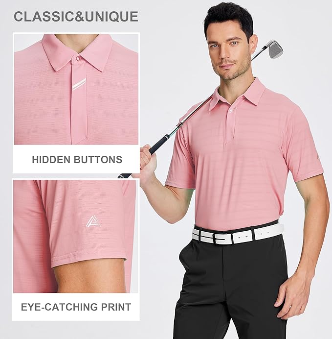 Men's Jacquard Golf Polo Shirt Short Sleeve Moisture Wicking Performance