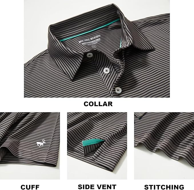 Mens Striped Performance Golf Polo Shirt - Moisture Wicking Dry Fit