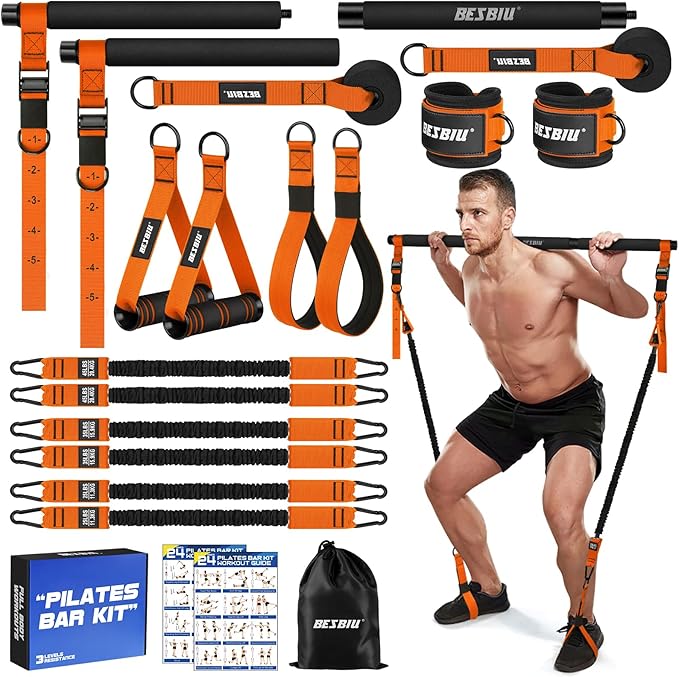 Pilates Bar Kit with Resistance Bands for Working Out, 210lbs Heavy Resistance Bands with Handles, Pilates Equipment with Resistance Band Bar for Men Women, at Home Gym Full Body Workout Equipment