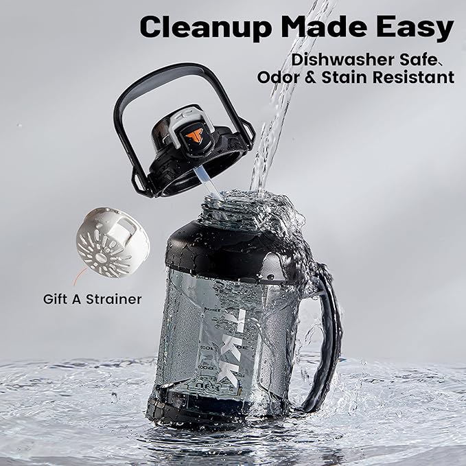 TKK Half Gallon Water Jug Sport Bottle with Straw 2 in 1 Lid Dishwasher Safe BPA Free Leakproof Large Capacity Tritan Plastic Bottle 1/2 Gallon 64oz Water Bottle for Gym Travel Camping Outdoor, Gray