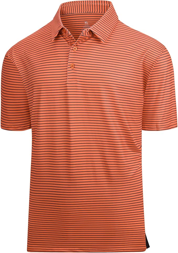 Men's orange and black striped performance golf polo with UPF 30+ rating