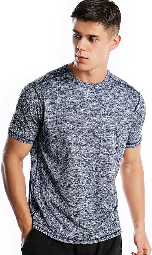 Men wearing a quick-dry moisture-wicking athletic short sleeve gym t-shirt in a relaxed fit.