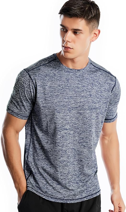 Men wearing a quick-dry moisture-wicking athletic short sleeve gym t-shirt in a relaxed fit.