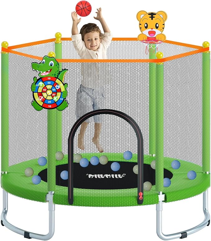 60 inch kids trampoline with safety enclosure net and attached basketball hoop for indoor or outdoor use.