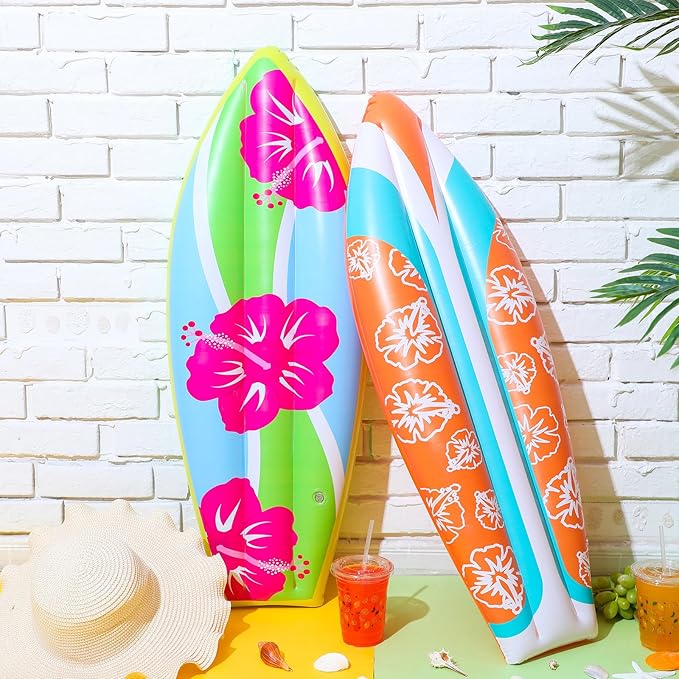 4 Pcs 36 Inch Inflatable Surf Board Inflatable Luau Party Decorations Blow up Surfboard (Flower Style)