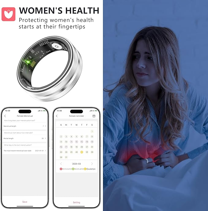 Thin Smart Ring for Fitness & Health Tracking -Pedometer,Sleep/Heart Rate/Blood Oxygen Monitor, Gesture Control / 5ATM Waterproof -No APP Subscription Compatible with Android& iOS (Silver, 10)