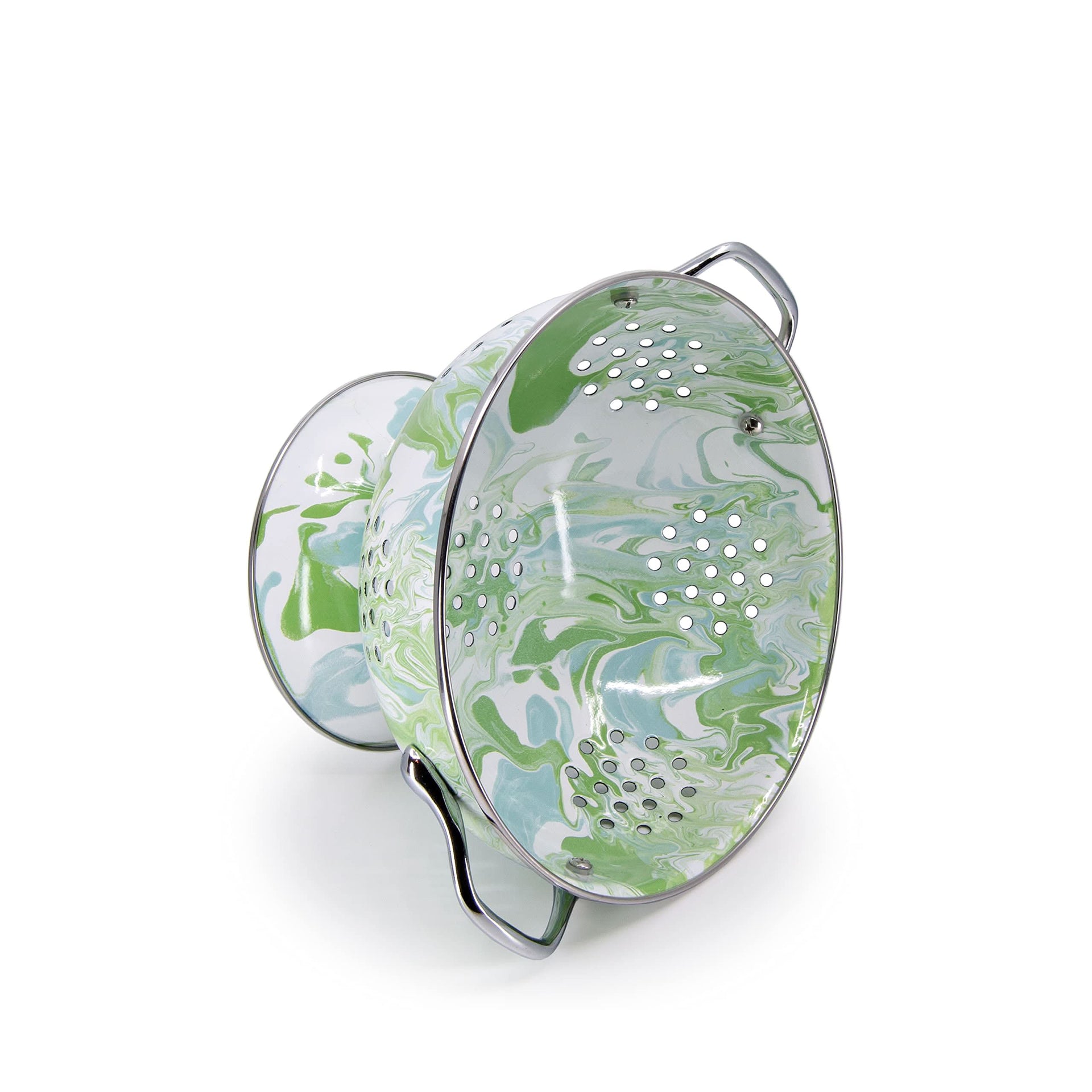 3 Quart Enamelware Colander in Blue and White Splatter Pattern