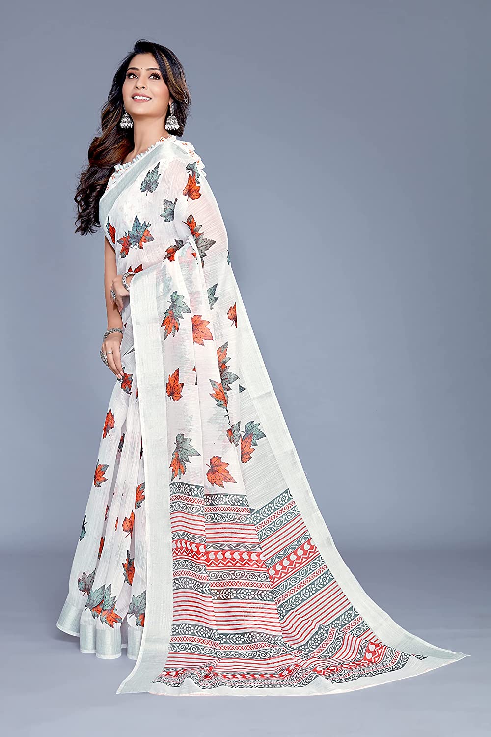 Women's White Cotton Blend Saree with Blossom Leaf Print