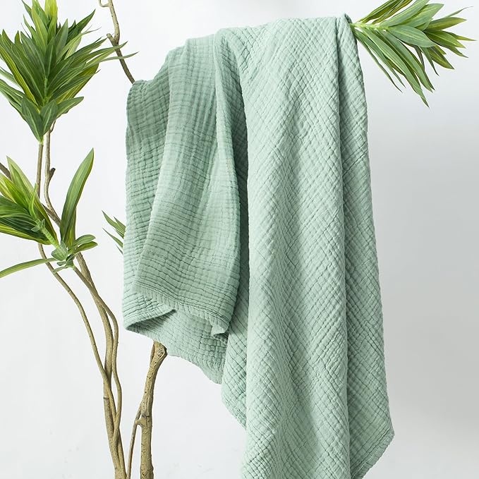 Carriediosa 100% Cotton Muslin Throw Blanket 50" X 70" Throw XL Size，4-Layers Summer Gauze Throws for Bed Couch，Soft Lightweight Breathable Linen Blankets Bedspread for Adults All Season，Sage Green