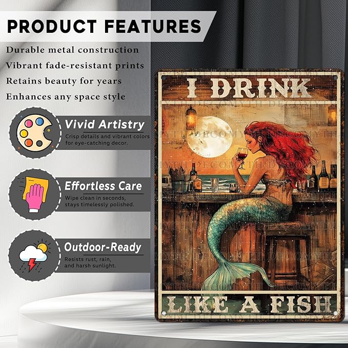 Vintage Mermaid Tin Sign I Drink Like A Fish Retro Wall Decor Decorations for Home Funny Wine Lover Nostalgic Metal Poster Indoor Store Cafe Toilet Kitchen Garden Bar Pubs Man cave 12 * 16inch