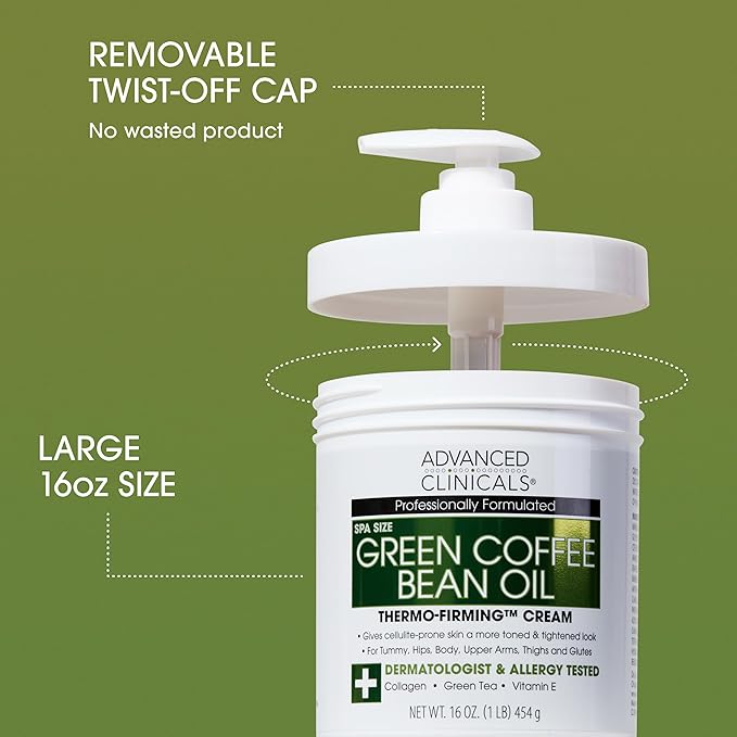Advanced Clinicals Green Coffee Bean Thermo - Firming Body Lotion | Caffeine Infused Collagen Cream Moisturizer & Body Cream For Women, Stomach, Legs, & To Improve Look Of Textured Crepey Skin, 16 Oz