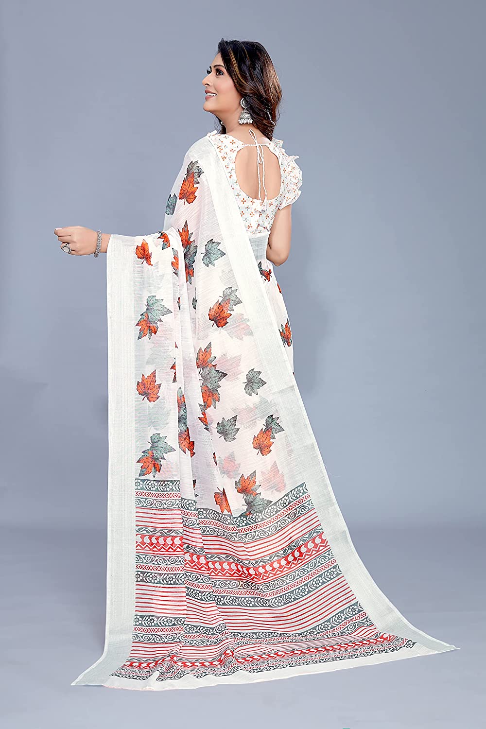 Women's White Cotton Blend Saree with Blossom Leaf Print