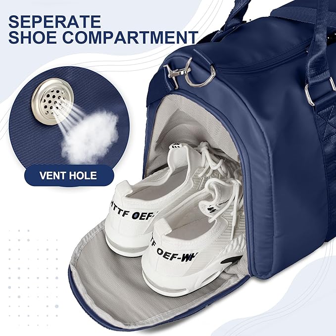 FIORETTO Womens Gym Tote Duffle Bag with Wet Pocket & Shoe Compartment, Sports Duffel Overnight Weekender Hospital Workout Carry on Bag for Girls, Ideal for Travel, Swimming, Dance, Ballet Navy Blue