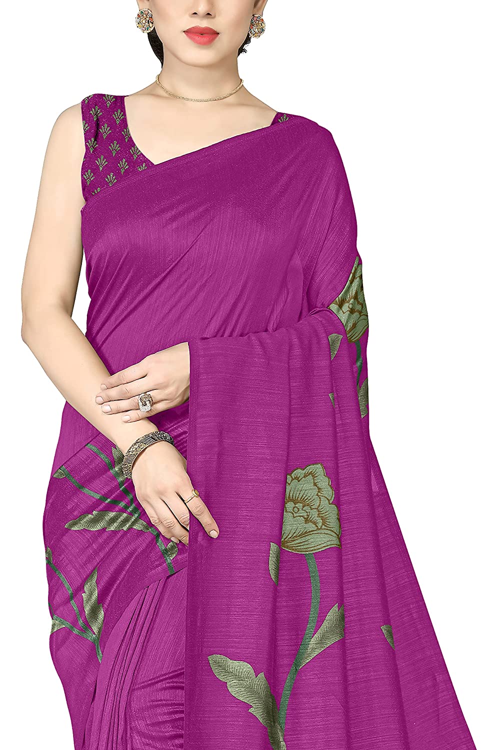 Women's Pink Vichitra Silk Floral Printed Saree with Matching Blouse