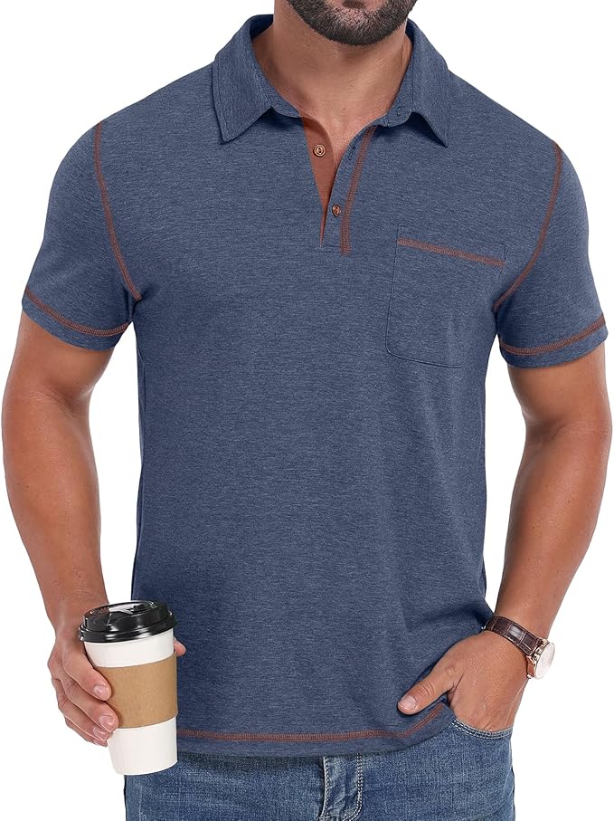 Men's Casual Short Sleeve Polo Shirt with Pocket and Contrast Trim