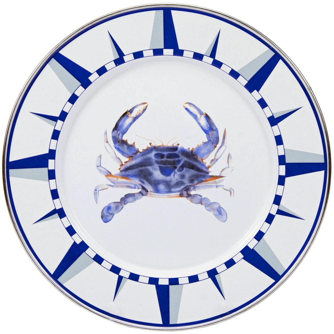 10.5 inch Golden Rabbit enamelware dinner plate featuring a blue crab pattern and stainless steel rim