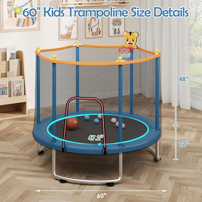 Kids Indoor Outdoor Trampoline with Safety Net and Gymnastics Bar