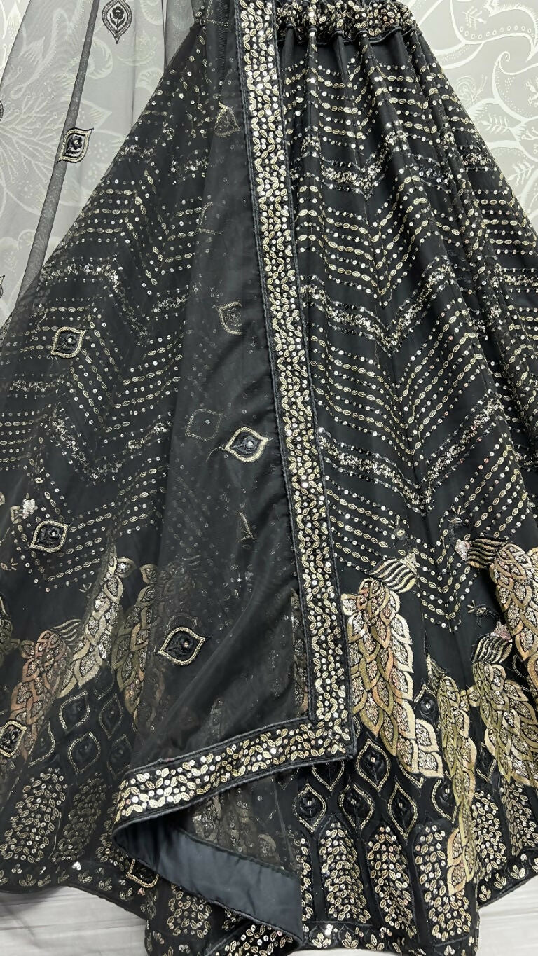 Black Bridal Net Wedding Lehenga Choli with Foil and Sequins