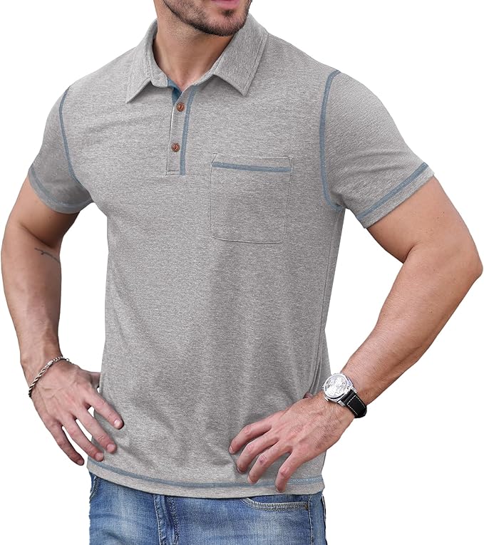 Men's Classic Cotton Polo Shirt with Pocket and Contrast Trim