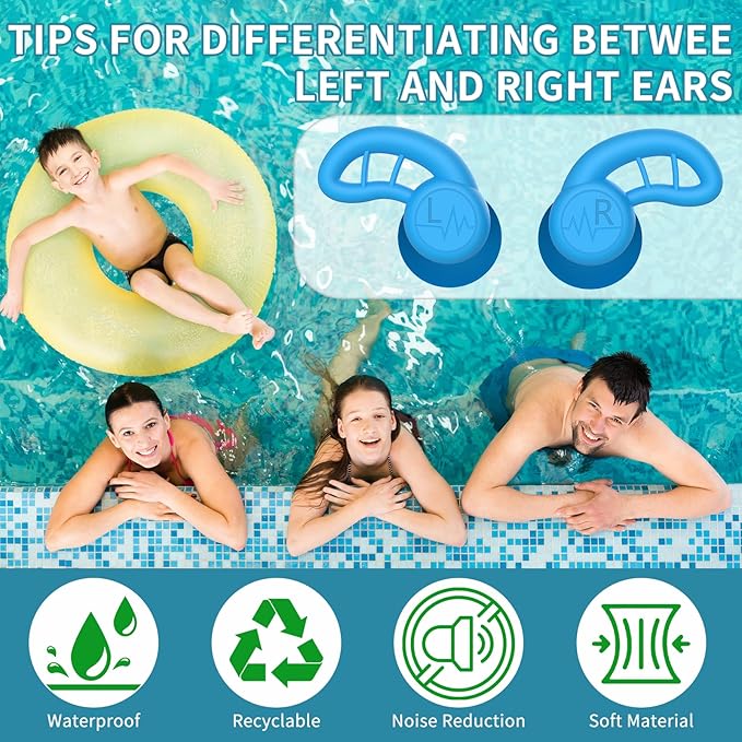 Swimming Ear Plugs for Adults, 4 Pairs Reusable Silicone Waterproof Colorful Swim Earplugs for Swimming Showering Snorkeling Surfing and Water Sports, Water Ear Plugs for Men and Women