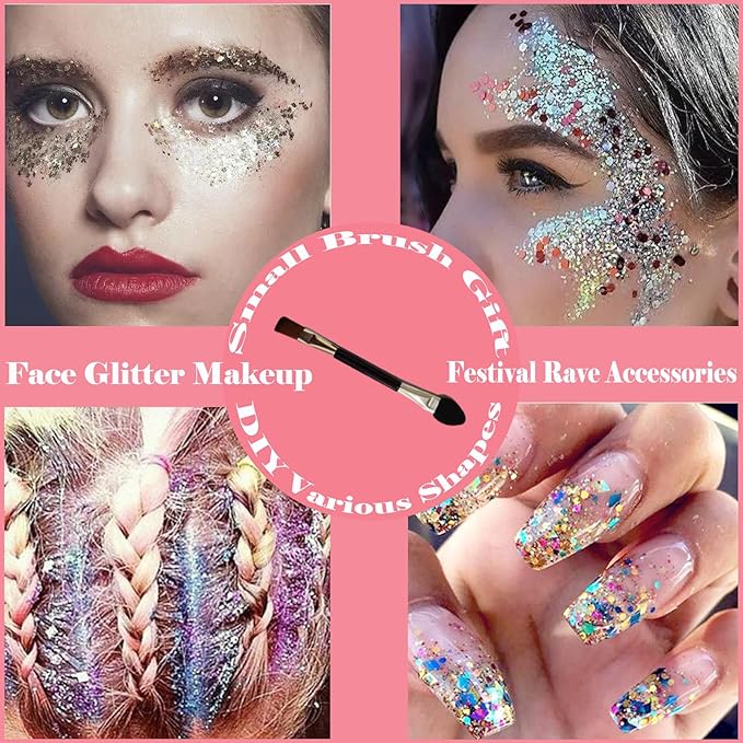 Body Glitter Face Glitter Gel: Singer Concerts Disco Festival Rave Accessories Face Glitter Makeup 150ml Chunky Sequins Mermaid Face Body Hair Glitter Gel (White&Silver&Purple)
