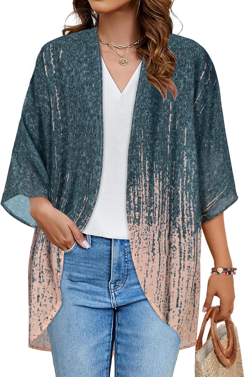Floral Print Kimono Cardigan Women Puff Sleeve Cover Up Casual Blouse Loose Top