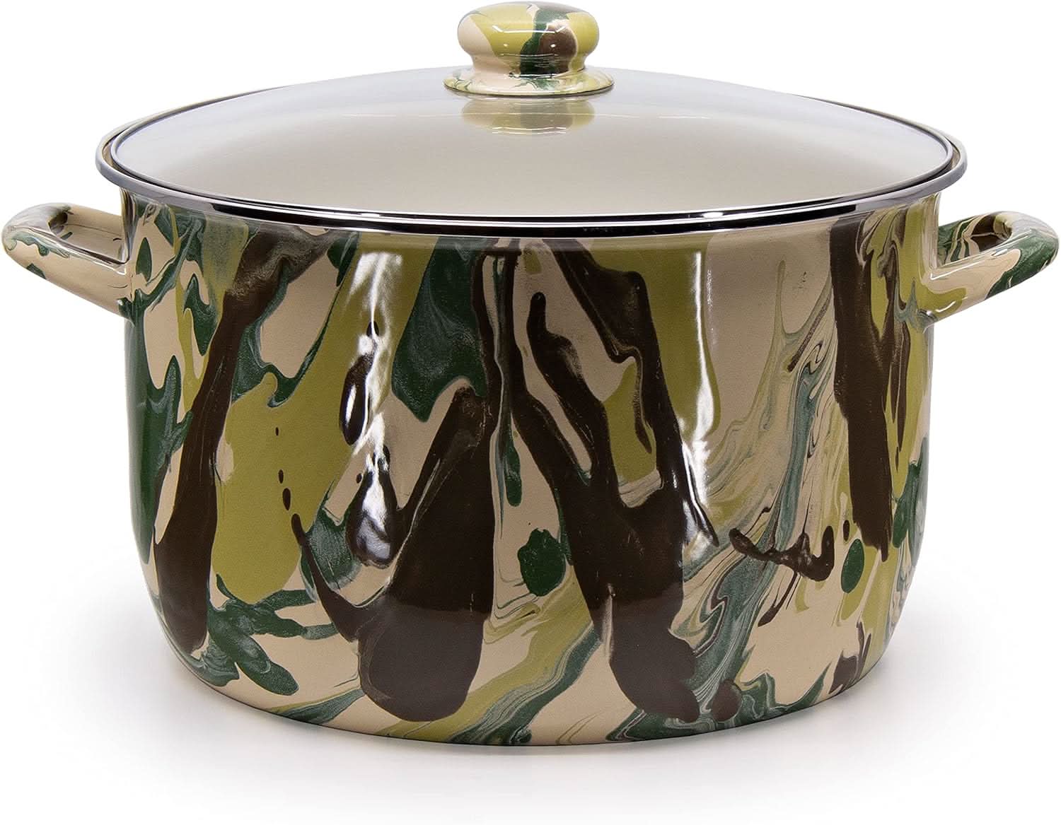 18-quart Golden Rabbit enamelware stock pot featuring a camouflage pattern.