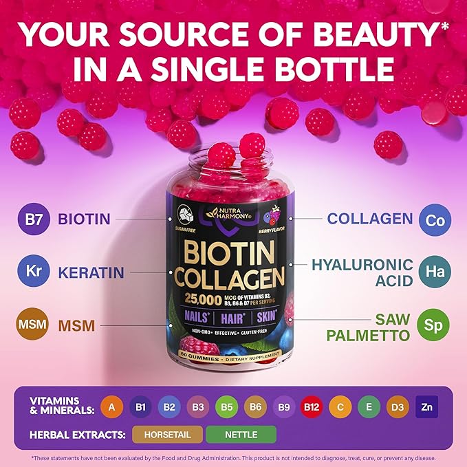 Biotin Gummies with Collagen - Hair Growth Support Skin, & Nail Strength - for Women & Men - Biotin 10000mcg | Keratin | Hyaluronic Acid | B-Complex | Saw Palmetto - Sugar-Free, Mixed Berry - 60 Gummy