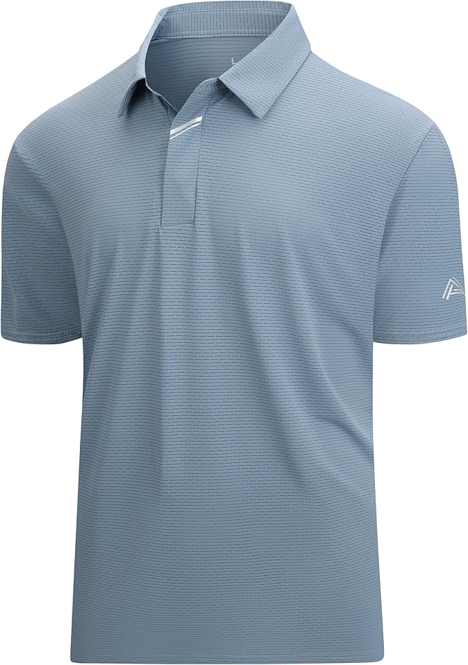 Close up of men's performance jacquard golf polo with hidden placket and moisture-wicking fabric.