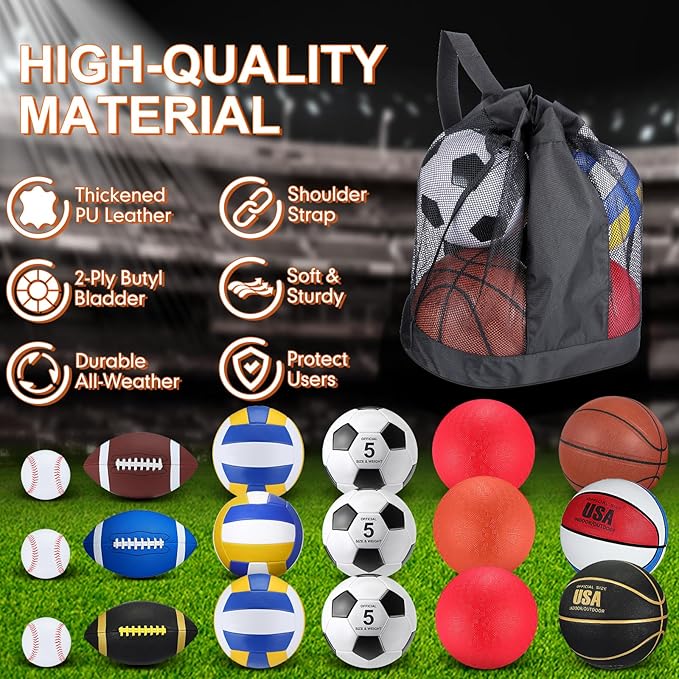 Leyndo 18 Pcs Sport Balls Bulk Set Basketball Football Volleyball Soccer Playground Baseball with Sport Equipment Bag Pump for Youth Adults Outdoor Indoor Practice Gift Back to School