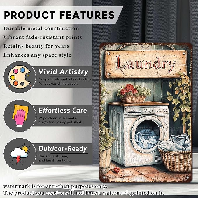 Vintage Laundry Room Tin Sign Retro Metal Poster Funny Laundry Wall Art Cafe Toilet Farm Room Garden Plaque Outdoor Farmhouse Decor Bathroom Restroom 12 * 8inch